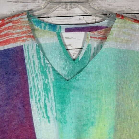 Chico's 100% Linen Sz L/XL Abstract Multicolor Blocks Print Poncho Blouse - Picture 4 of 7